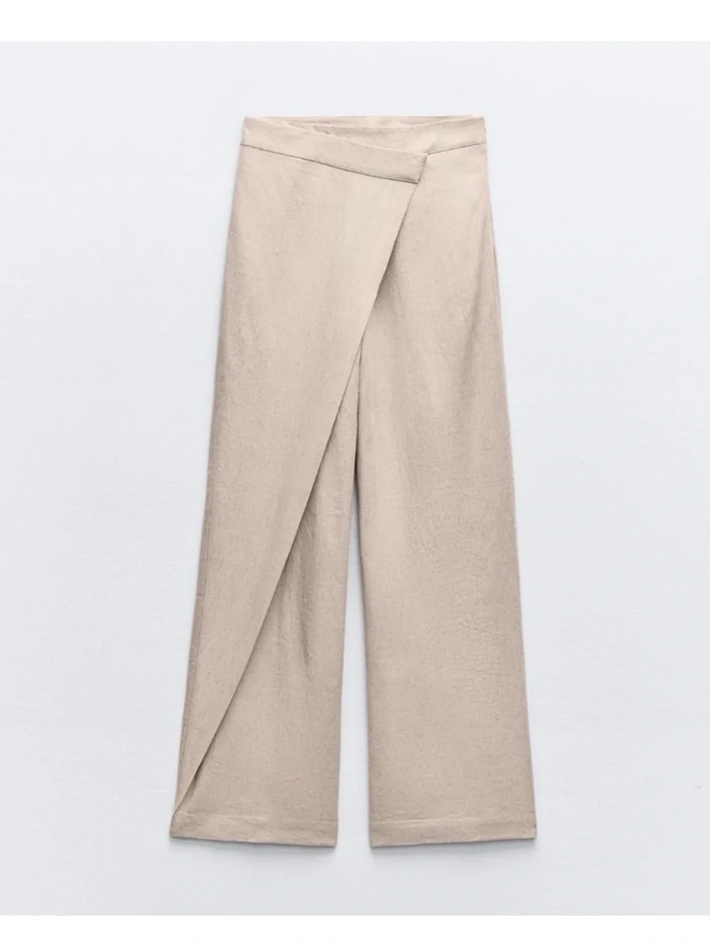 Zara Pareo Wrap-Front Wide Leg Linen Pants in Light Beige